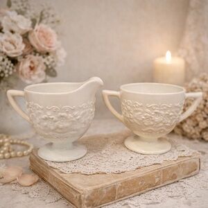 Vintage Indiana Milk Glass Compote Orange Blossom Cream and‎ Sugar Set